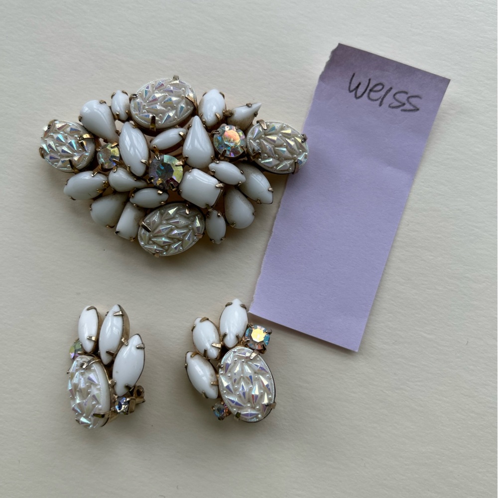Weiss pin and clip earrings in white, AB and small faceted beads
